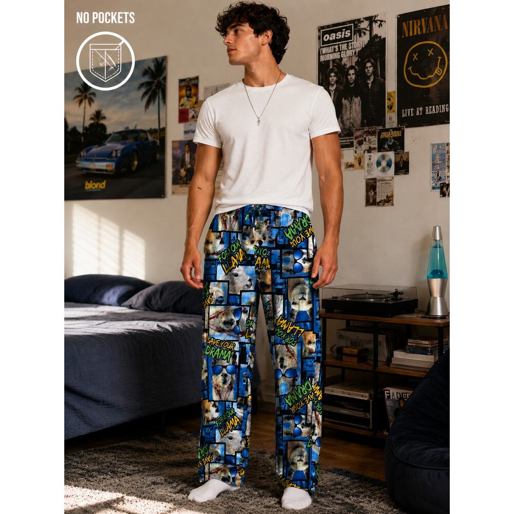 Y2K Llama Graphic Pajama Pants Mens Lounge Sleepwear Flannel Drawstring Cozy 90s